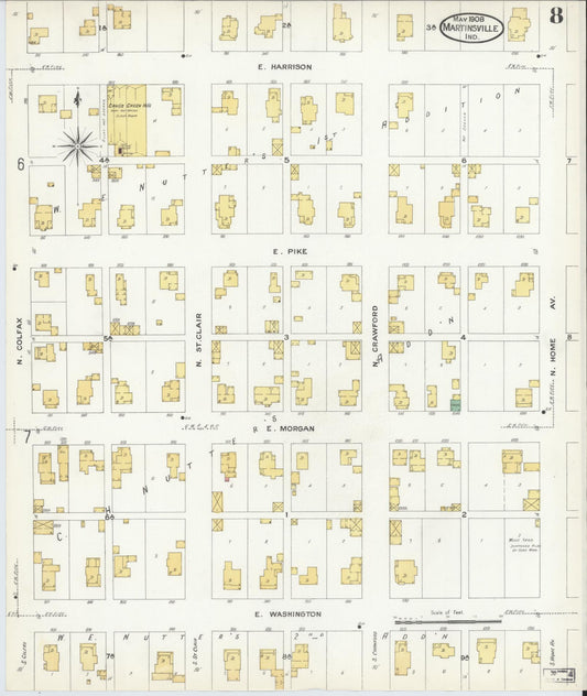 Sanborn Fire Insurance Map from Martinsville, Morgan County, Indiana (1908), Sheet #0008 - Historic Sanborn Fire Insurance Map Print, vintage old map wall art, antique decor, genealogy gift, Indiana Indiana map