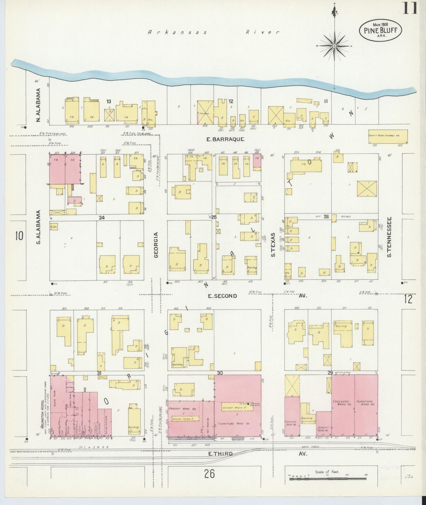 Sanborn Fire Insurance Map from Pine Bluff, Jefferson County, Arkansas (1908), Sheet #0011 - Historic Sanborn Fire Insurance Map Print, vintage old map wall art, antique decor, genealogy gift, Arkansas Arkansas map