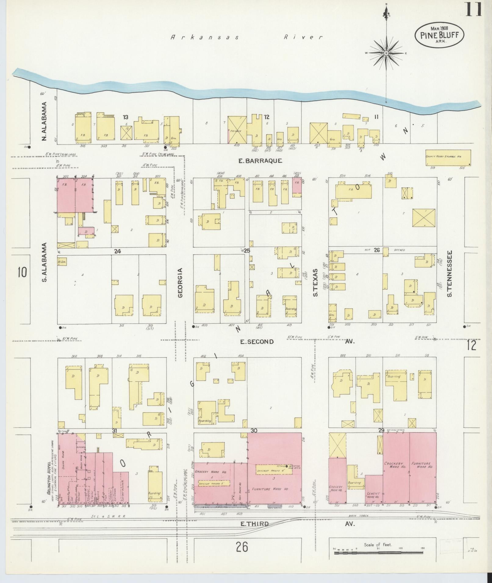 Sanborn Fire Insurance Map from Pine Bluff, Jefferson County, Arkansas (1908), Sheet #0011 - Historic Sanborn Fire Insurance Map Print, vintage old map wall art, antique decor, genealogy gift, Arkansas Arkansas map