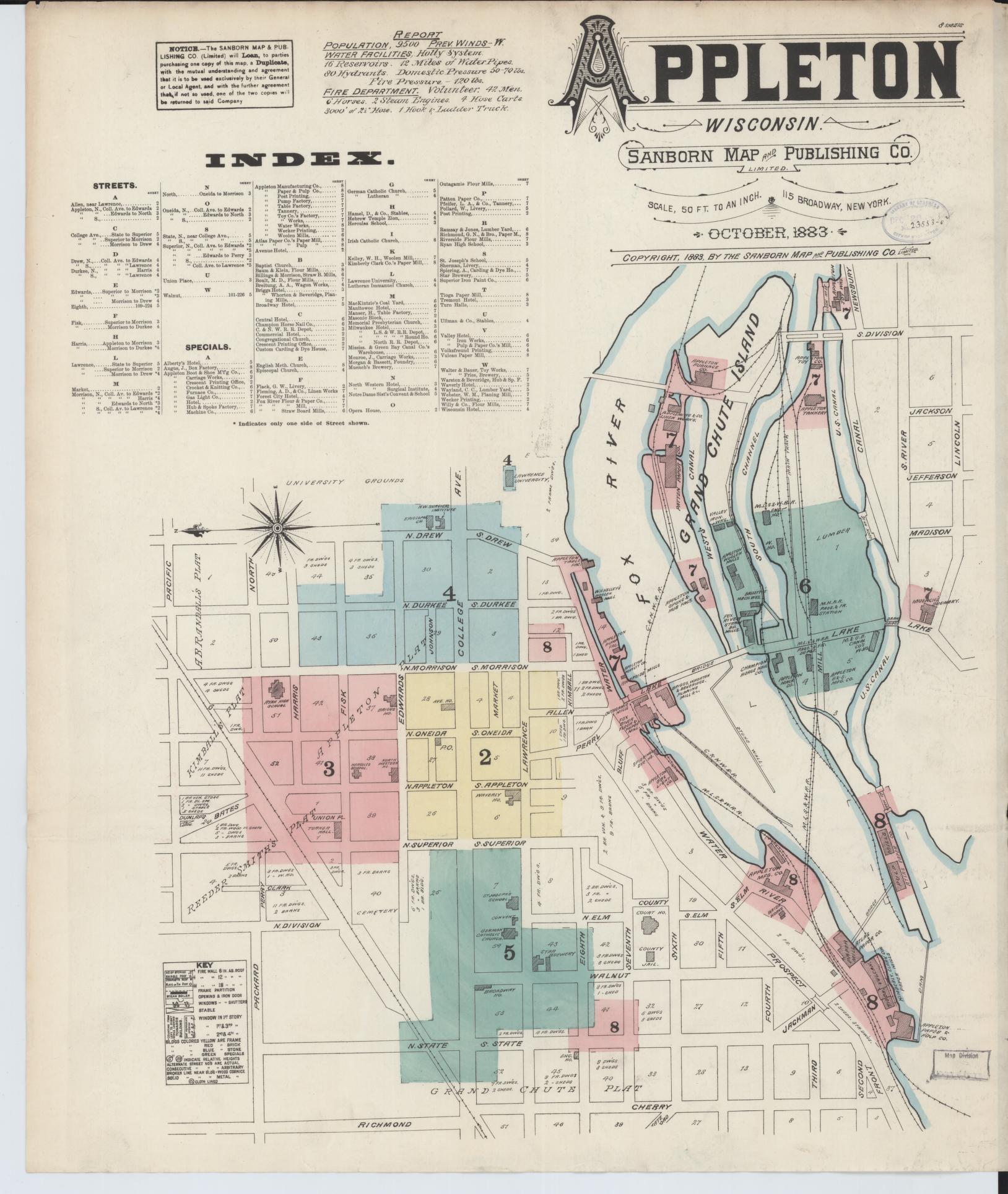 Sanborn Fire Insurance Map from Appleton, Outagamie County, Wisconsin (1883), Sheet #0001 - Complete Map Set gallery image, historic Sanborn map, vintage wall art, Wisconsin Wisconsin
