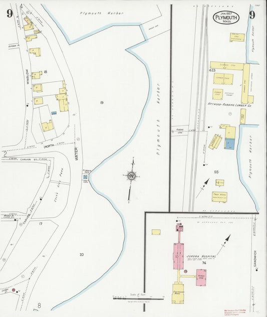 Sanborn Fire Insurance Map from Plymouth, Plymouth County, Massachusetts (1927), Sheet #0009 - Historic Sanborn Fire Insurance Map Print, vintage old map wall art, antique decor, genealogy gift, Massachusetts Massachusetts map
