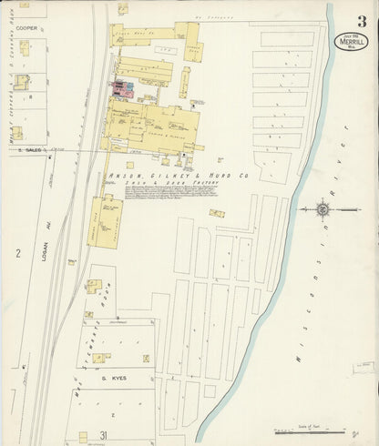 Sanborn Fire Insurance Map from Merrill, Lincoln County, Wisconsin (1913), Sheet #0003 - Historic Sanborn Fire Insurance Map Print, vintage old map wall art, antique decor, genealogy gift, Wisconsin Wisconsin map