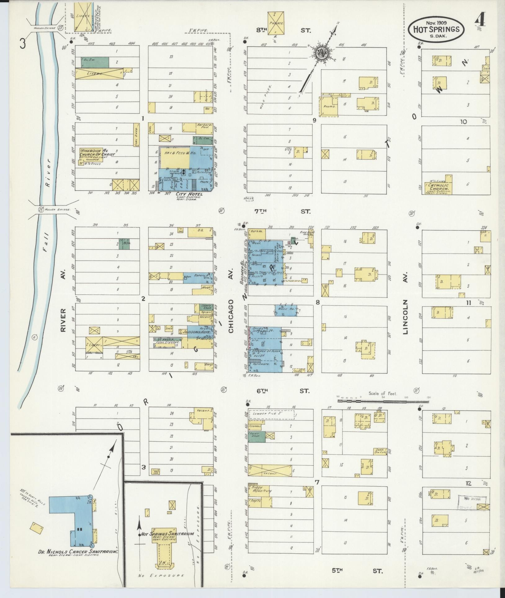 Sanborn Fire Insurance Map from Hot Springs, Fall River County, South Dakota (1909), Sheet #0004 - Complete Map Set gallery image, historic Sanborn map, vintage wall art, South Dakota South Dakota