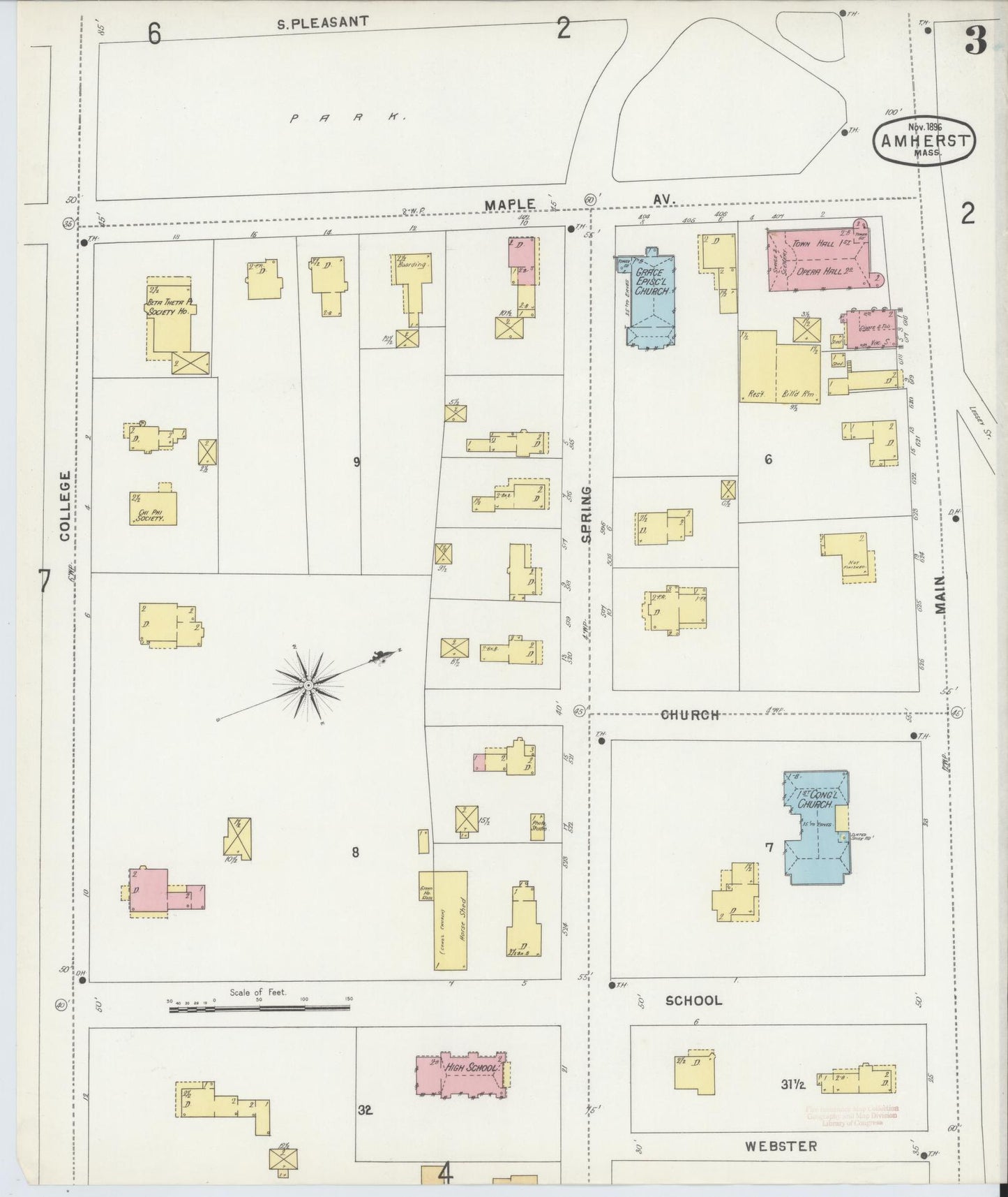 Sanborn Fire Insurance Map from Amherst, Hampshire County, Massachusetts (1896), Sheet #0003 - Historic Sanborn Fire Insurance Map Print, vintage old map wall art, antique decor, genealogy gift, Massachusetts Massachusetts map