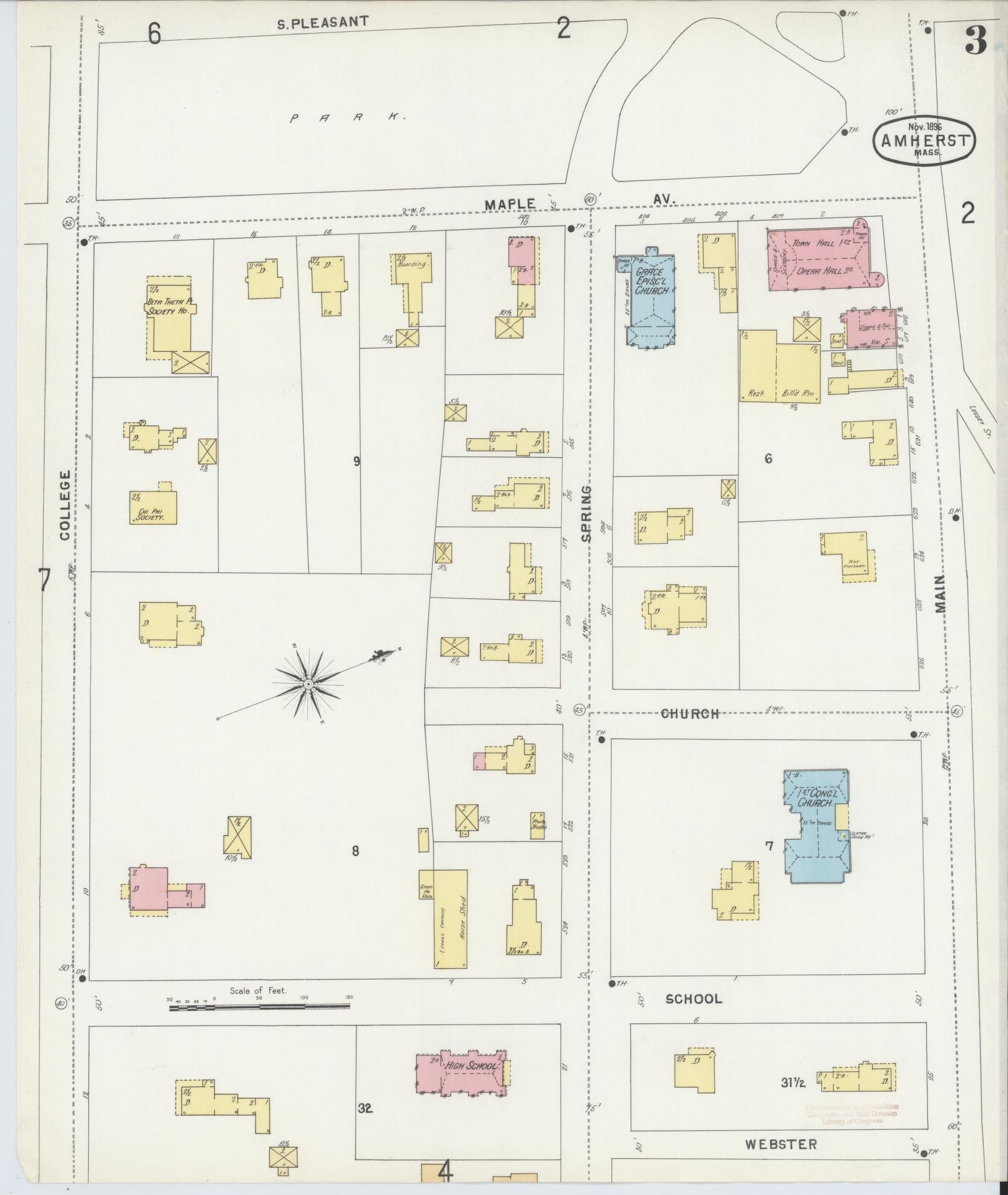 Sanborn Fire Insurance Map from Amherst, Hampshire County, Massachusetts (1896), Sheet #0003 - Historic Sanborn Fire Insurance Map Print, vintage old map wall art, antique decor, genealogy gift, Massachusetts Massachusetts map