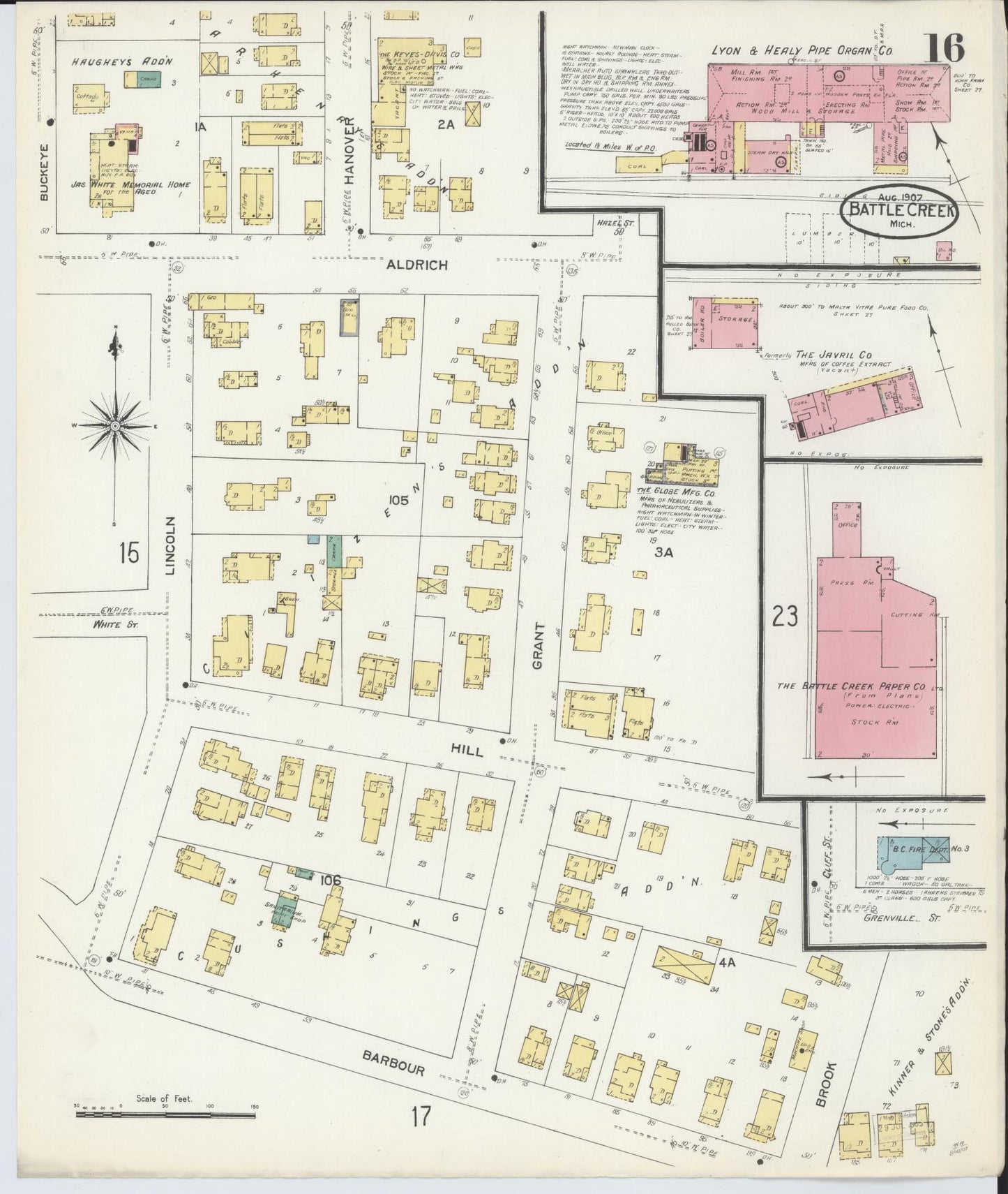 Sanborn Fire Insurance Map from Battle Creek, Calhoun County, Michigan (1907), Sheet #0016 - Historic Sanborn Fire Insurance Map Print, vintage old map wall art, antique decor, genealogy gift, Michigan Michigan map