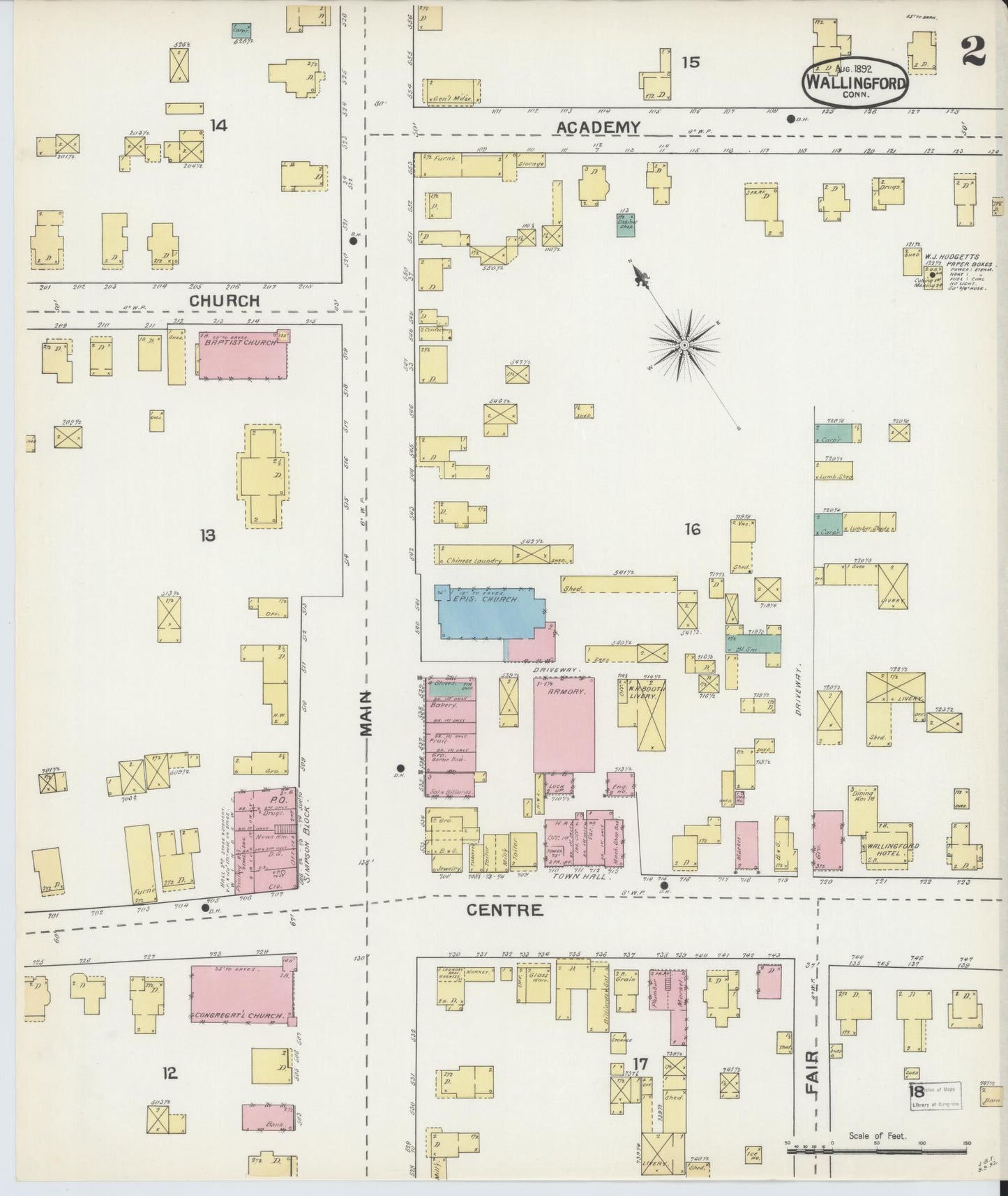 Sanborn Fire Insurance Map from Wallingford, New Haven County, Connecticut (1892), Sheet #0002 - Historic Sanborn Fire Insurance Map Print, vintage old map wall art, antique decor, genealogy gift, Connecticut Connecticut map
