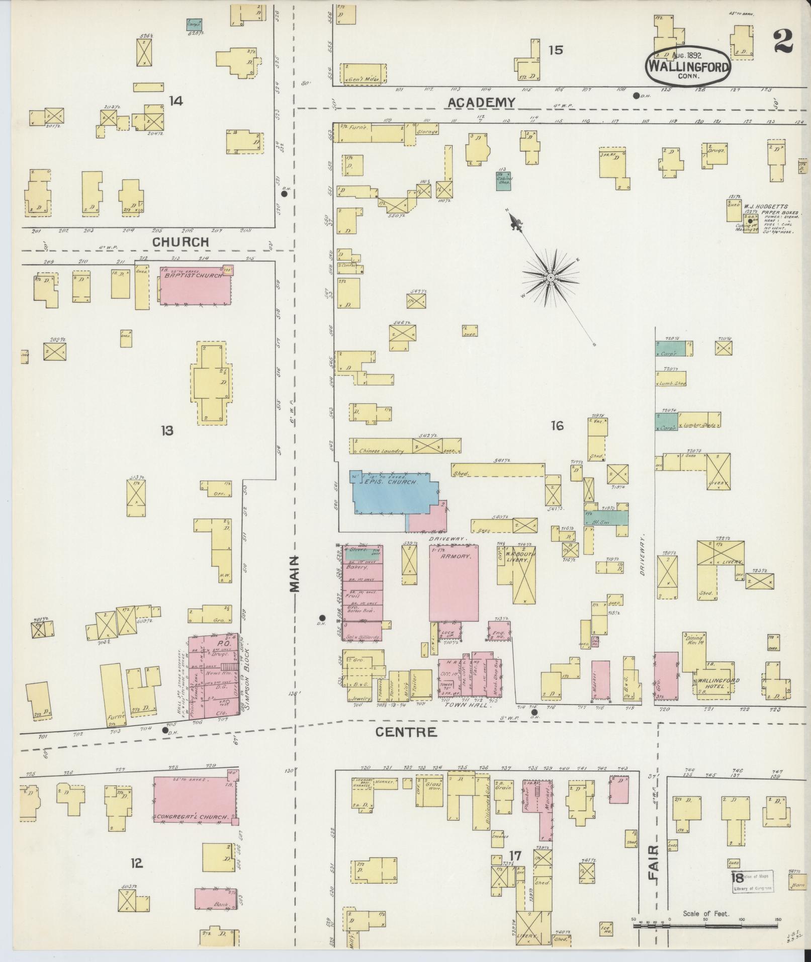 Sanborn Fire Insurance Map from Wallingford, New Haven County, Connecticut (1892), Sheet #0002 - Historic Sanborn Fire Insurance Map Print, vintage old map wall art, antique decor, genealogy gift, Connecticut Connecticut map