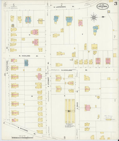 Sanborn Fire Insurance Map from Lansdowne, Delaware County, Pennsylvania (1908), Sheet #0003 - Historic Sanborn Fire Insurance Map Print, vintage old map wall art, antique decor, genealogy gift, Pennsylvania Pennsylvania map