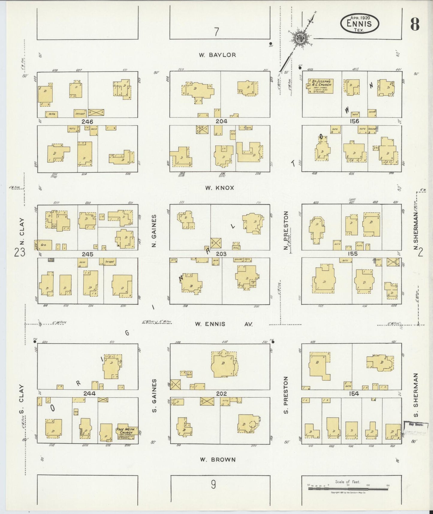 Sanborn Fire Insurance Map from Ennis, Ellis County, Texas (1920), Sheet #0008 - Complete Map Set gallery image, historic Sanborn map, vintage wall art, Texas Texas