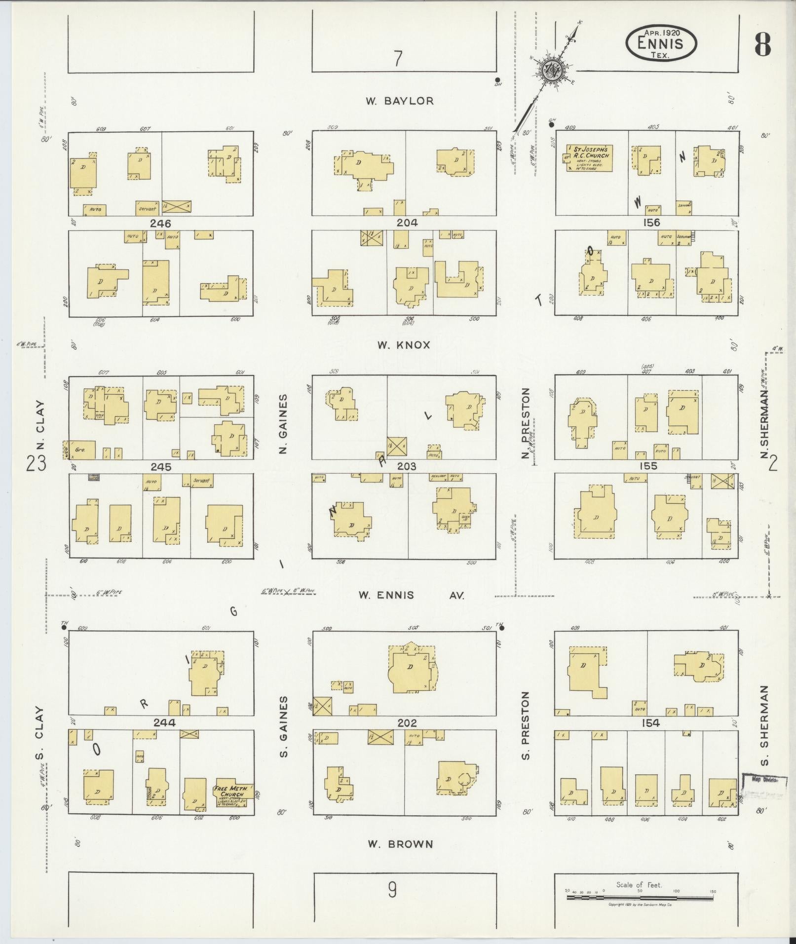 Sanborn Fire Insurance Map from Ennis, Ellis County, Texas (1920), Sheet #0008 - Complete Map Set gallery image, historic Sanborn map, vintage wall art, Texas Texas