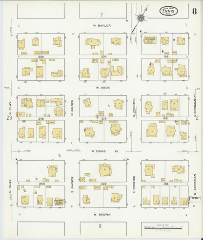 Sanborn Fire Insurance Map from Ennis, Ellis County, Texas (1920), Sheet #0008 - Complete Map Set gallery image, historic Sanborn map, vintage wall art, Texas Texas