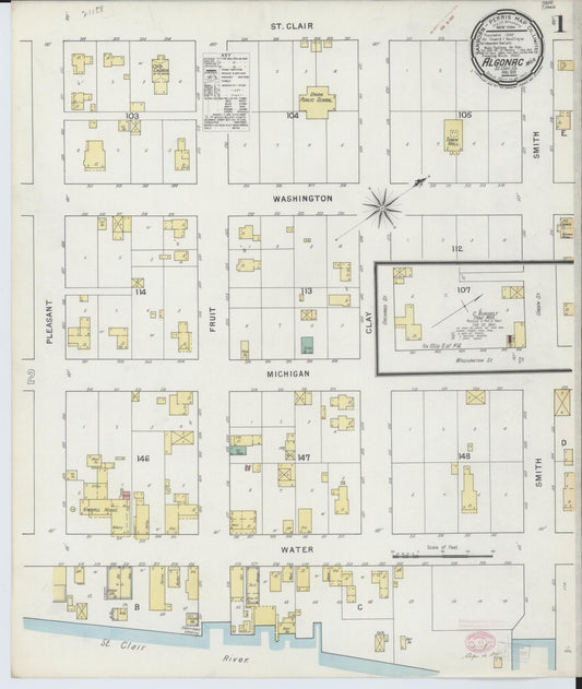 Sanborn Fire Insurance Map from Algonac, Saint Clair County, Michigan (1895), Sheet #0001 - Complete Map Set gallery image, historic Sanborn map, vintage wall art, Michigan Michigan