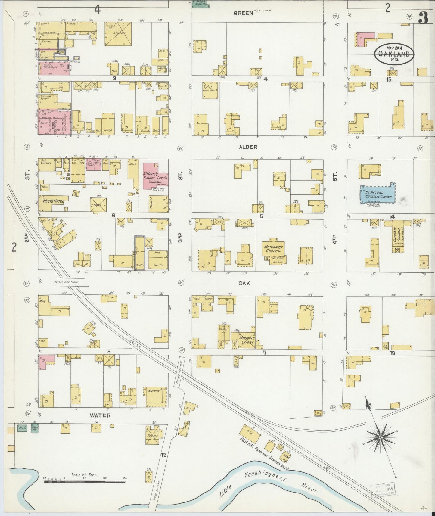Sanborn Fire Insurance Map from Oakland, Garrett County, Maryland (1904), Sheet #0003 - Historic Sanborn Fire Insurance Map Print, vintage old map wall art