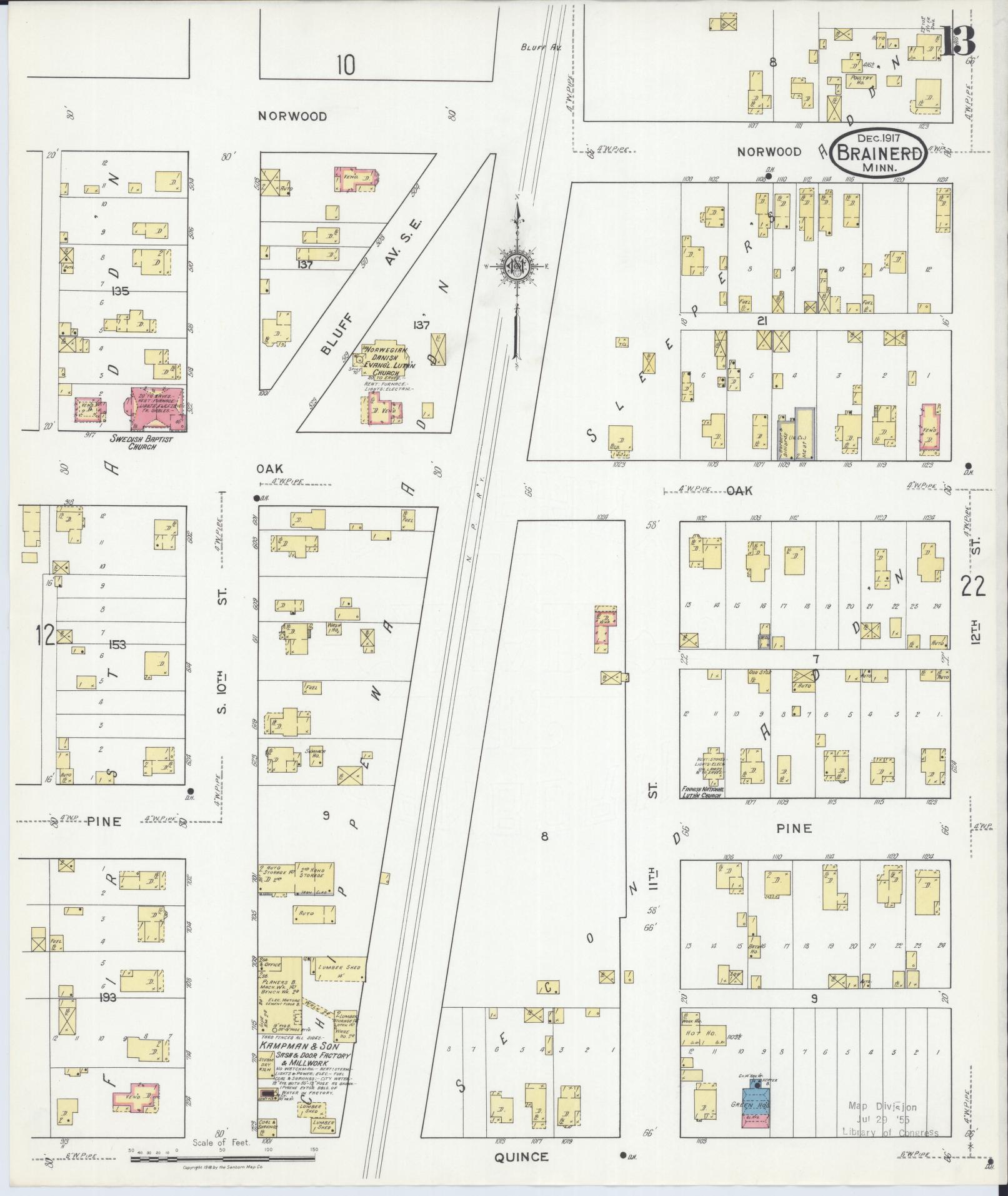 Sanborn Fire Insurance Map from Brainerd, Crow Wing County, Minnesota (1917), Sheet #0013 - Historic Sanborn Fire Insurance Map Print, vintage old map wall art, antique decor, genealogy gift, Minnesota Minnesota map