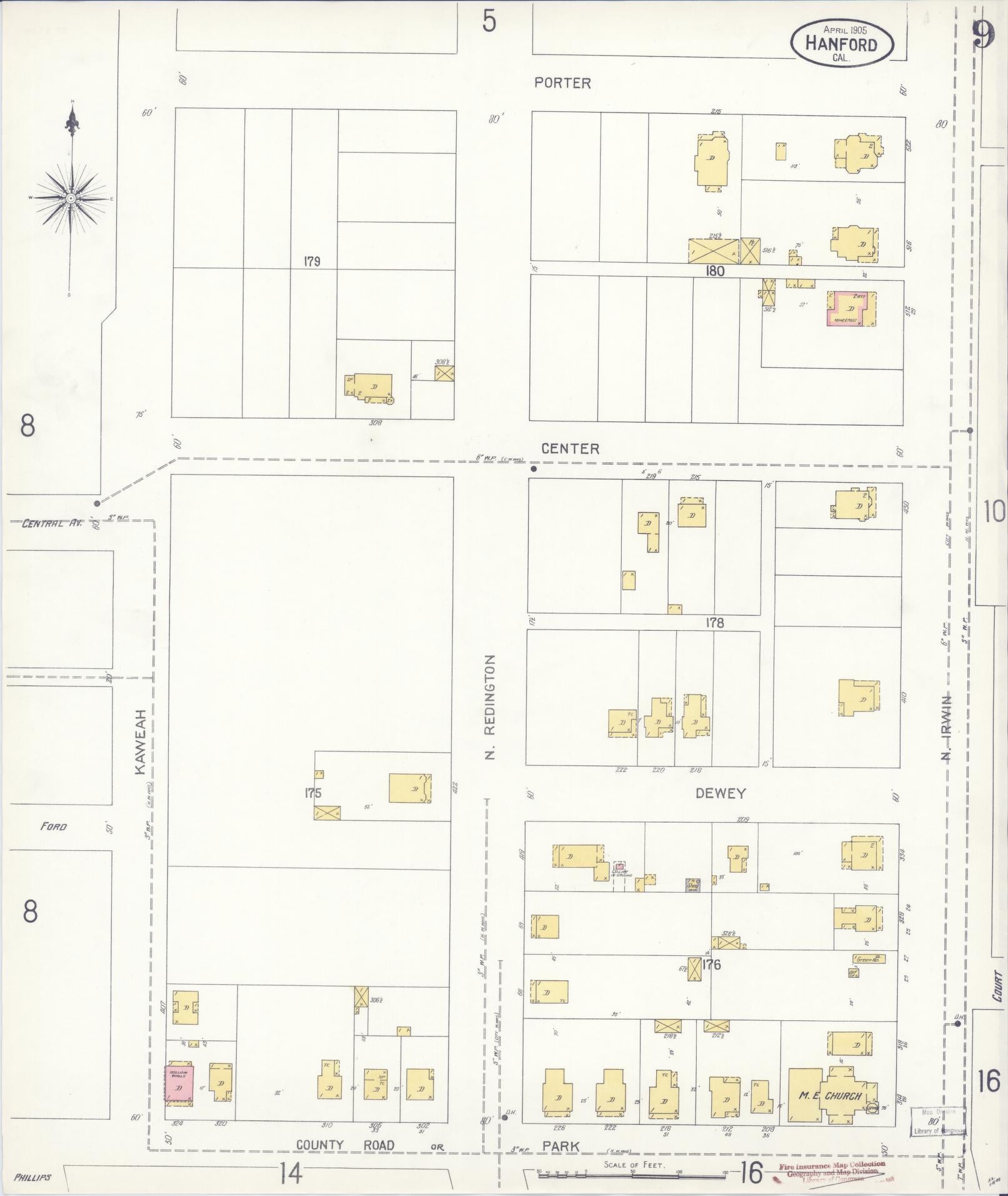 Sanborn Fire Insurance Map from Hanford, Kings County, California (1905), Sheet #0009 - Historic Sanborn Fire Insurance Map Print, vintage old map wall art, antique decor, genealogy gift, California California map