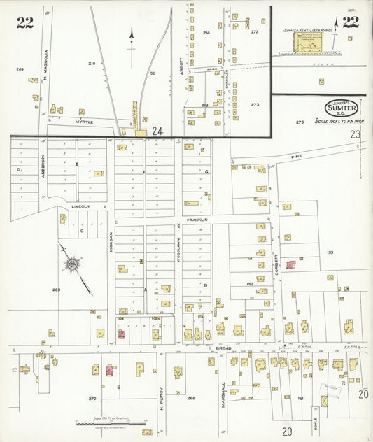 Sanborn Fire Insurance Map from Sumter, Sumter County, South Carolina (1923), Sheet #0022 - Historic Sanborn Fire Insurance Map Print, vintage old map wall art, antique decor, genealogy gift, South Carolina South Carolina map