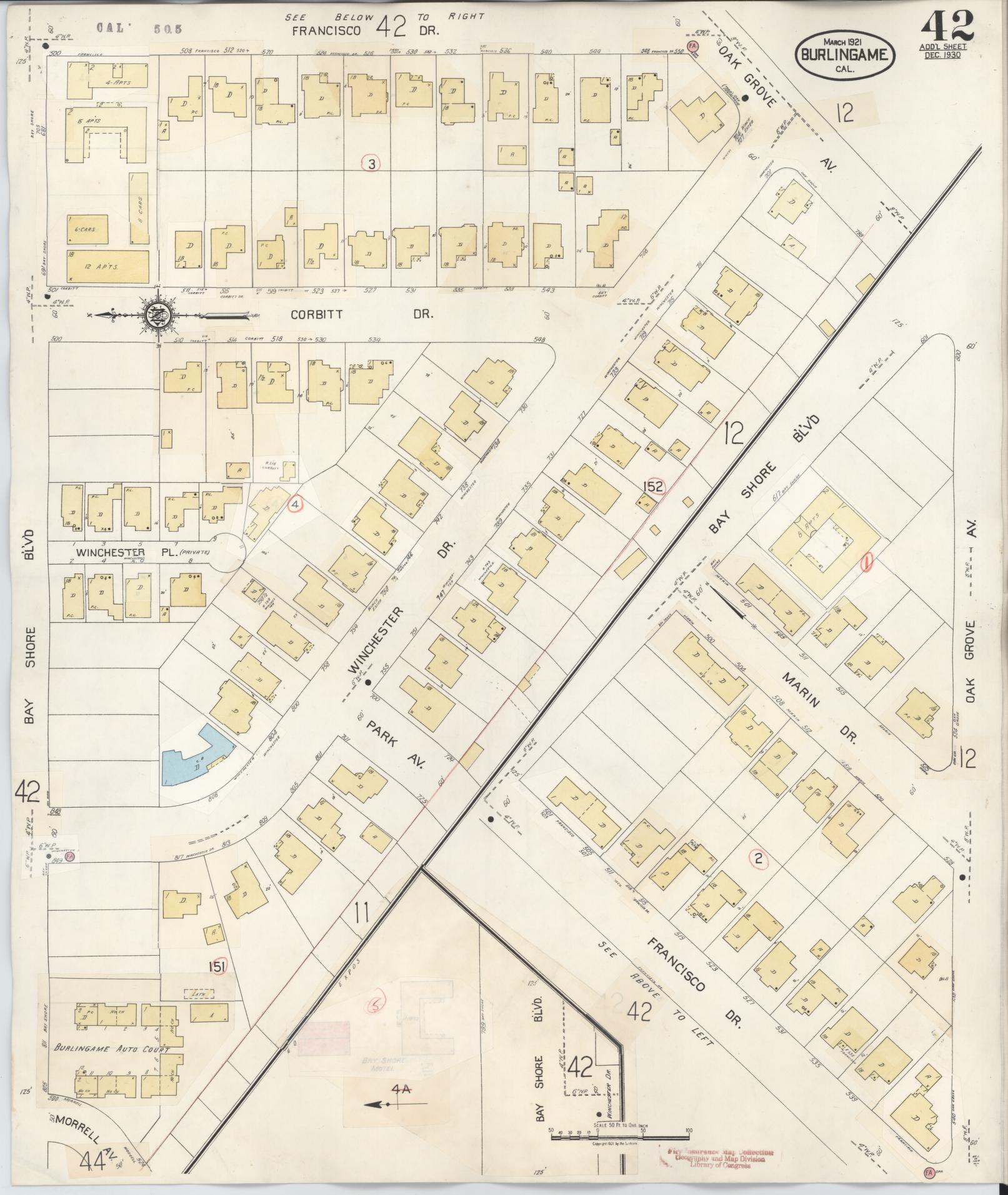 Sanborn Fire Insurance Map from Burlingame, San Mateo County, California (1949), Sheet #0042 - Historic Sanborn Fire Insurance Map Print, vintage old map wall art, antique decor, genealogy gift, California California map