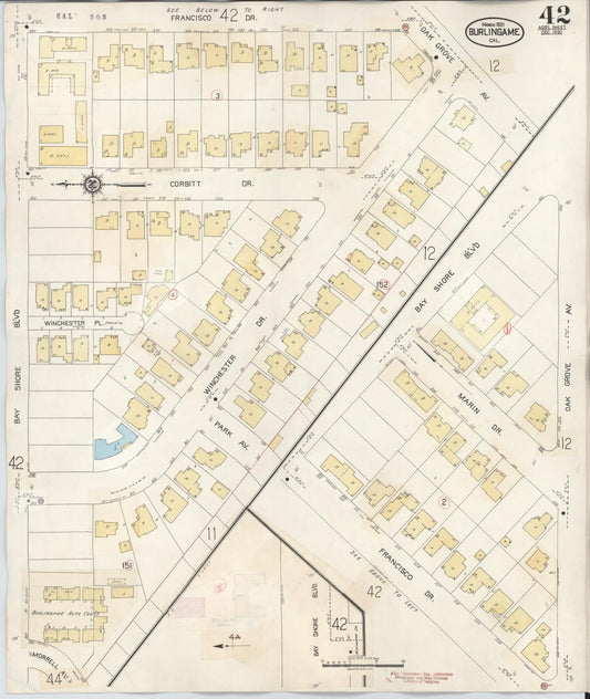 Sanborn Fire Insurance Map from Burlingame, San Mateo County, California (1949), Sheet #0042 - Historic Sanborn Fire Insurance Map Print, vintage old map wall art, antique decor, genealogy gift, California California map
