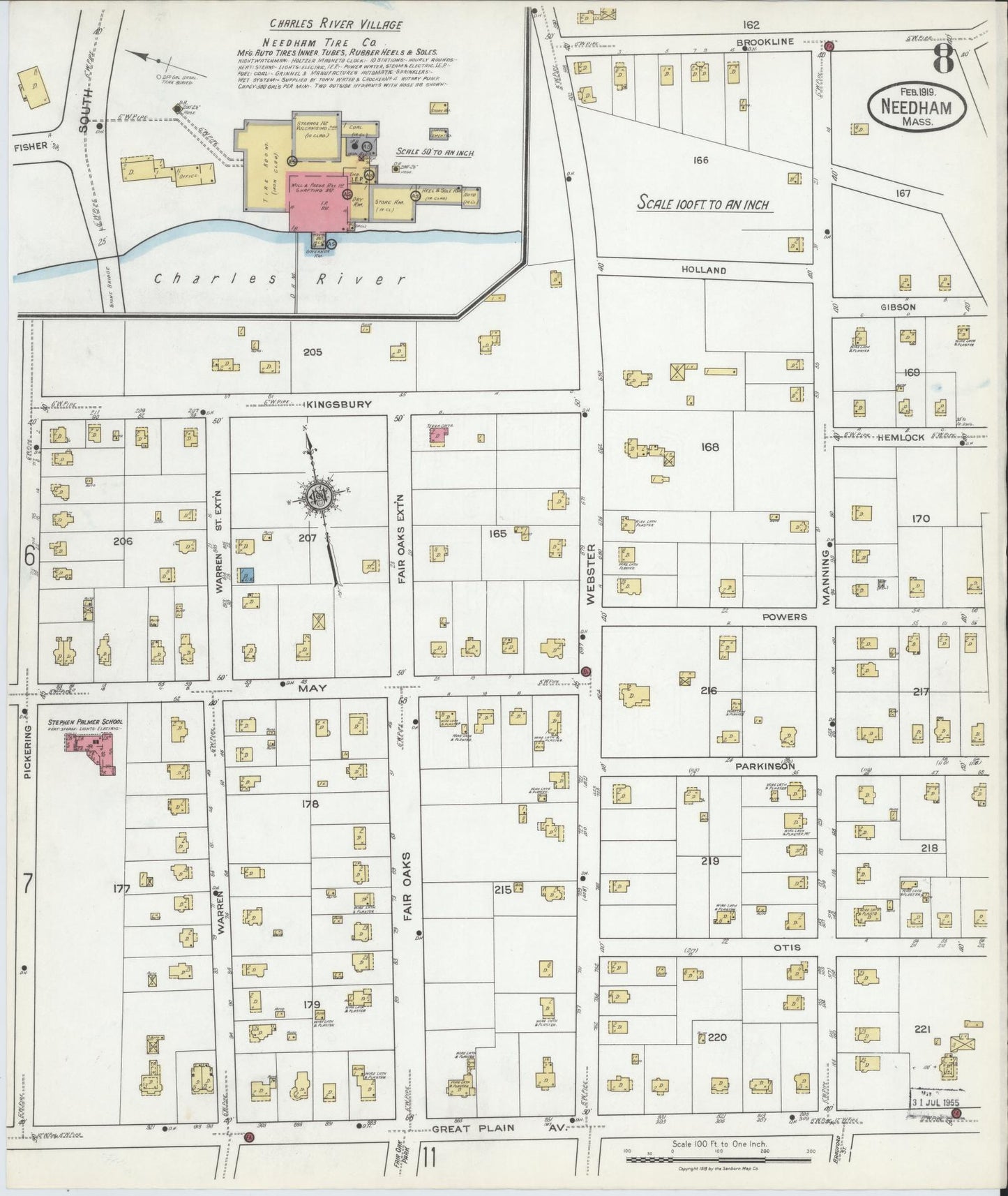 Sanborn Fire Insurance Map from Needham, Norfolk County, Massachusetts (1919), Sheet #0008 - Historic Sanborn Fire Insurance Map Print, vintage old map wall art, antique decor, genealogy gift, Massachusetts Massachusetts map