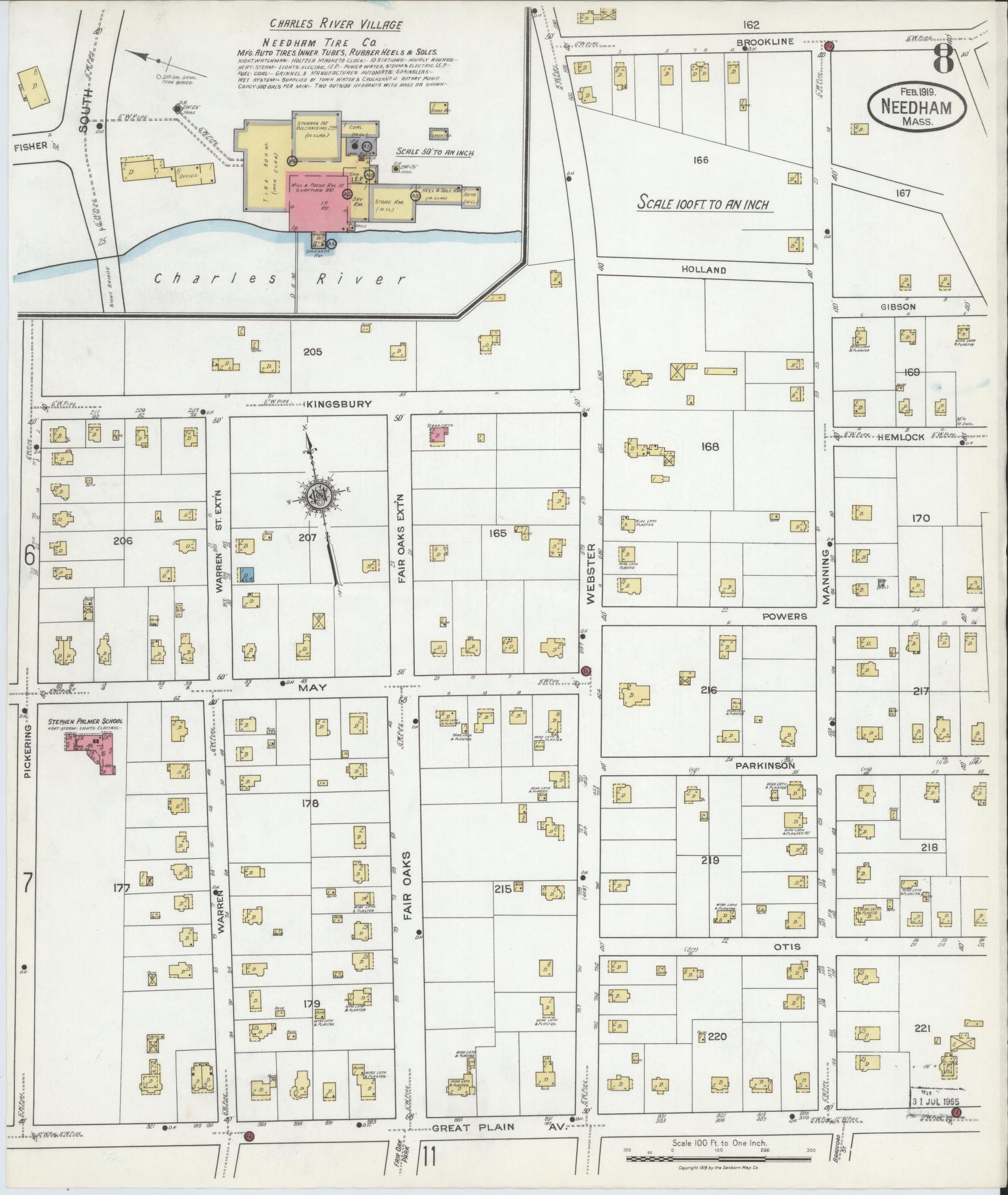 Sanborn Fire Insurance Map from Needham, Norfolk County, Massachusetts (1919), Sheet #0008 - Historic Sanborn Fire Insurance Map Print, vintage old map wall art, antique decor, genealogy gift, Massachusetts Massachusetts map