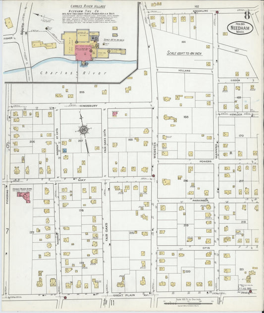 Sanborn Fire Insurance Map from Needham, Norfolk County, Massachusetts (1919), Sheet #0008 - Historic Sanborn Fire Insurance Map Print, vintage old map wall art, antique decor, genealogy gift, Massachusetts Massachusetts map