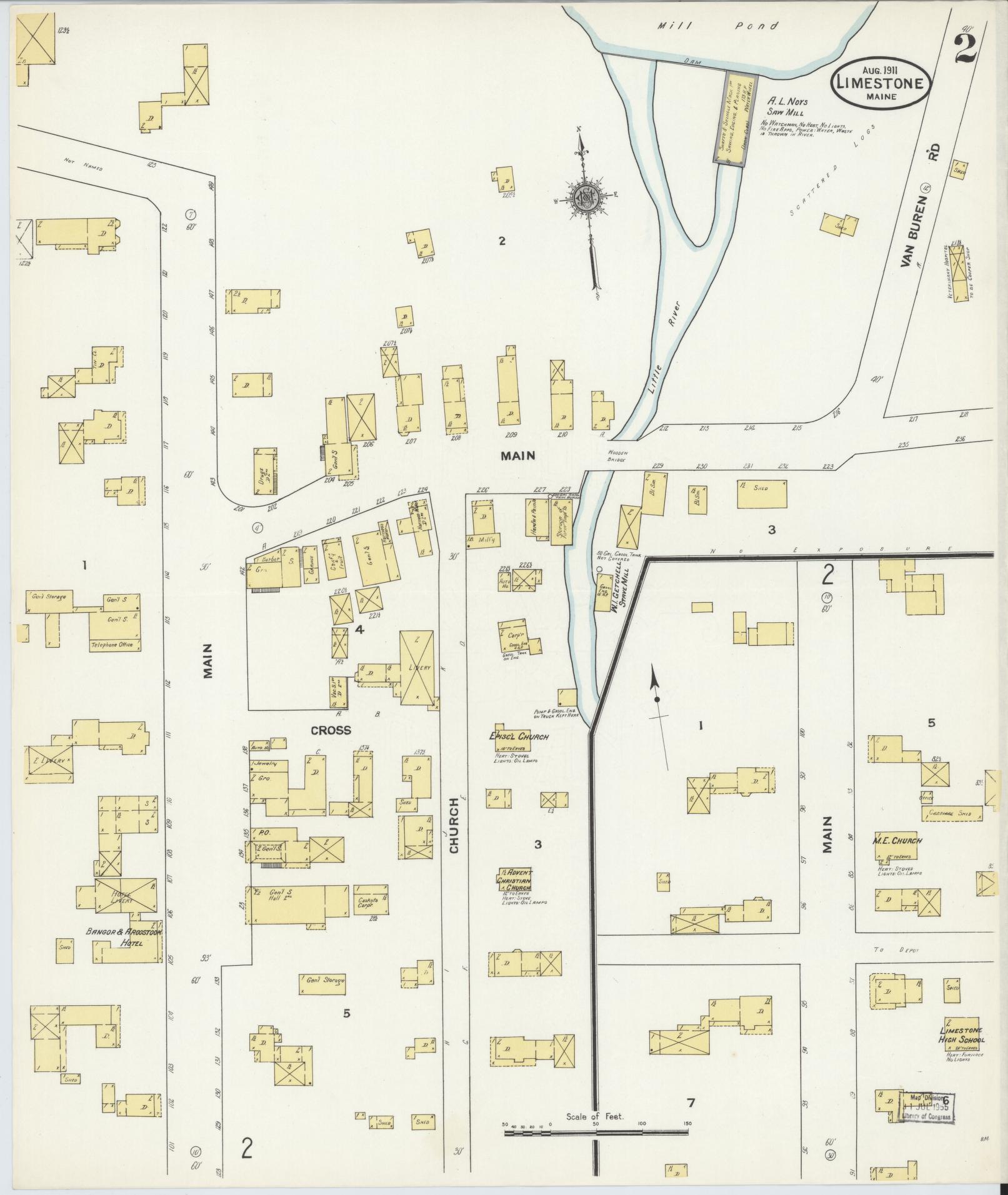 Sanborn Fire Insurance Map from Limestone, Aroostook County, Maine (1911), Sheet #0002 - Historic Sanborn Fire Insurance Map Print, vintage old map wall art, antique decor, genealogy gift, Maine Maine map