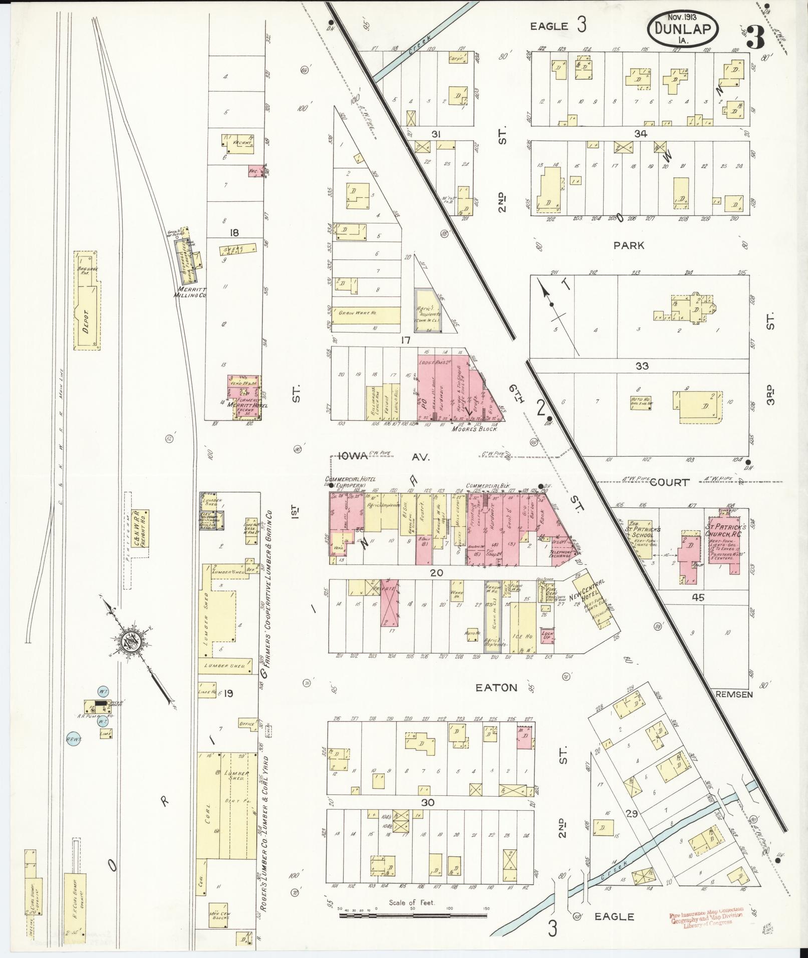 Sanborn Fire Insurance Map from Dunlap, Harrison County, Iowa (1913), Sheet #0003 - Historic Sanborn Fire Insurance Map Print, vintage old map wall art