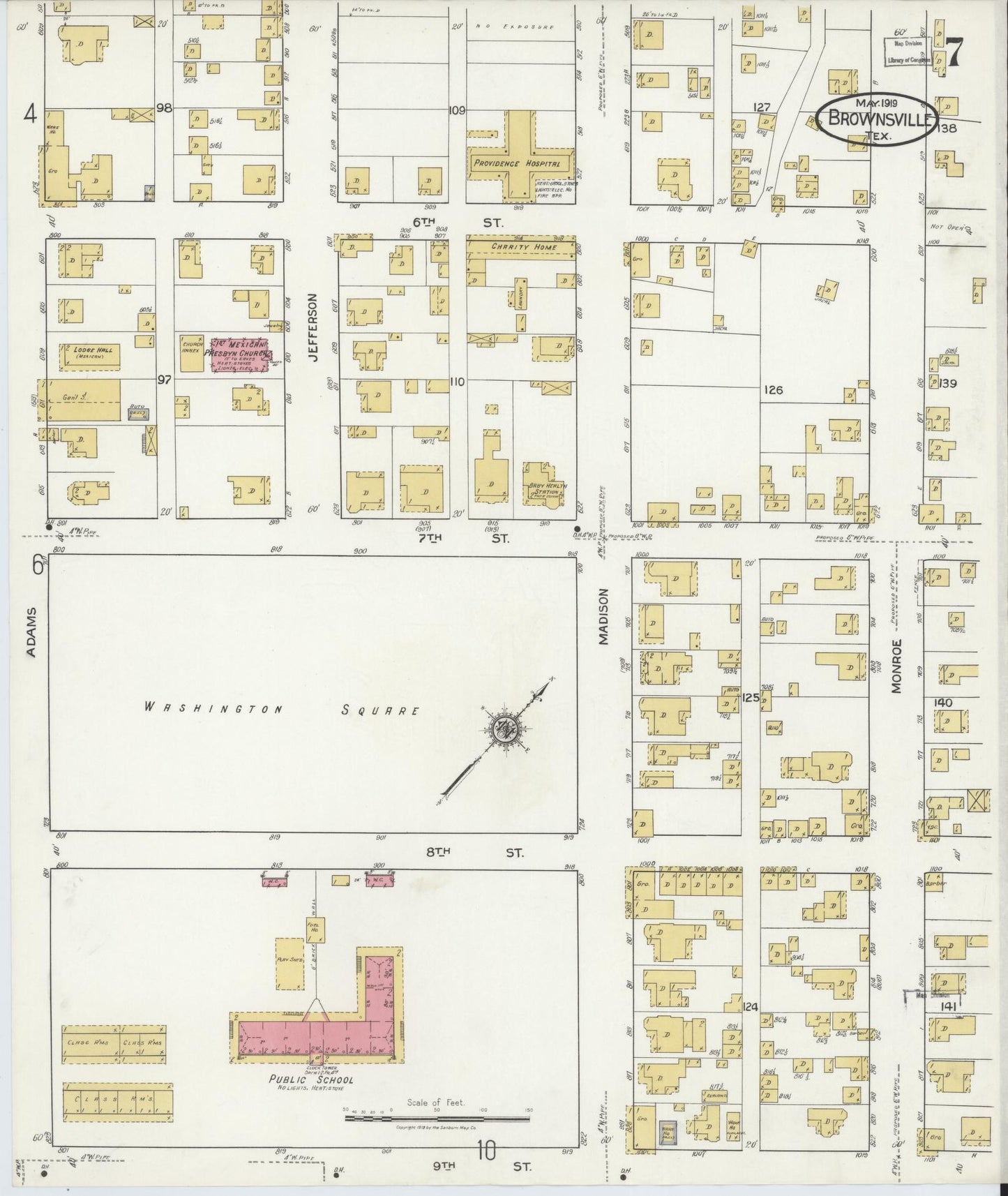 Sanborn Fire Insurance Map from Brownsville, Cameron County, Texas (1919), Sheet #0007 - Historic Sanborn Fire Insurance Map Print, vintage old map wall art, antique decor, genealogy gift, Texas Texas map