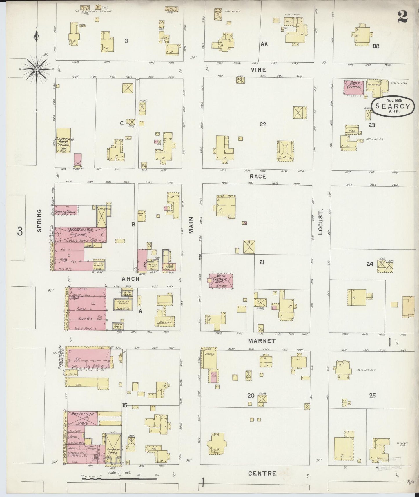 Sanborn Fire Insurance Map from Searcy, White County, Arkansas (1896), Sheet #0002 - Historic Sanborn Fire Insurance Map Print, vintage old map wall art, antique decor, genealogy gift, Arkansas Arkansas map