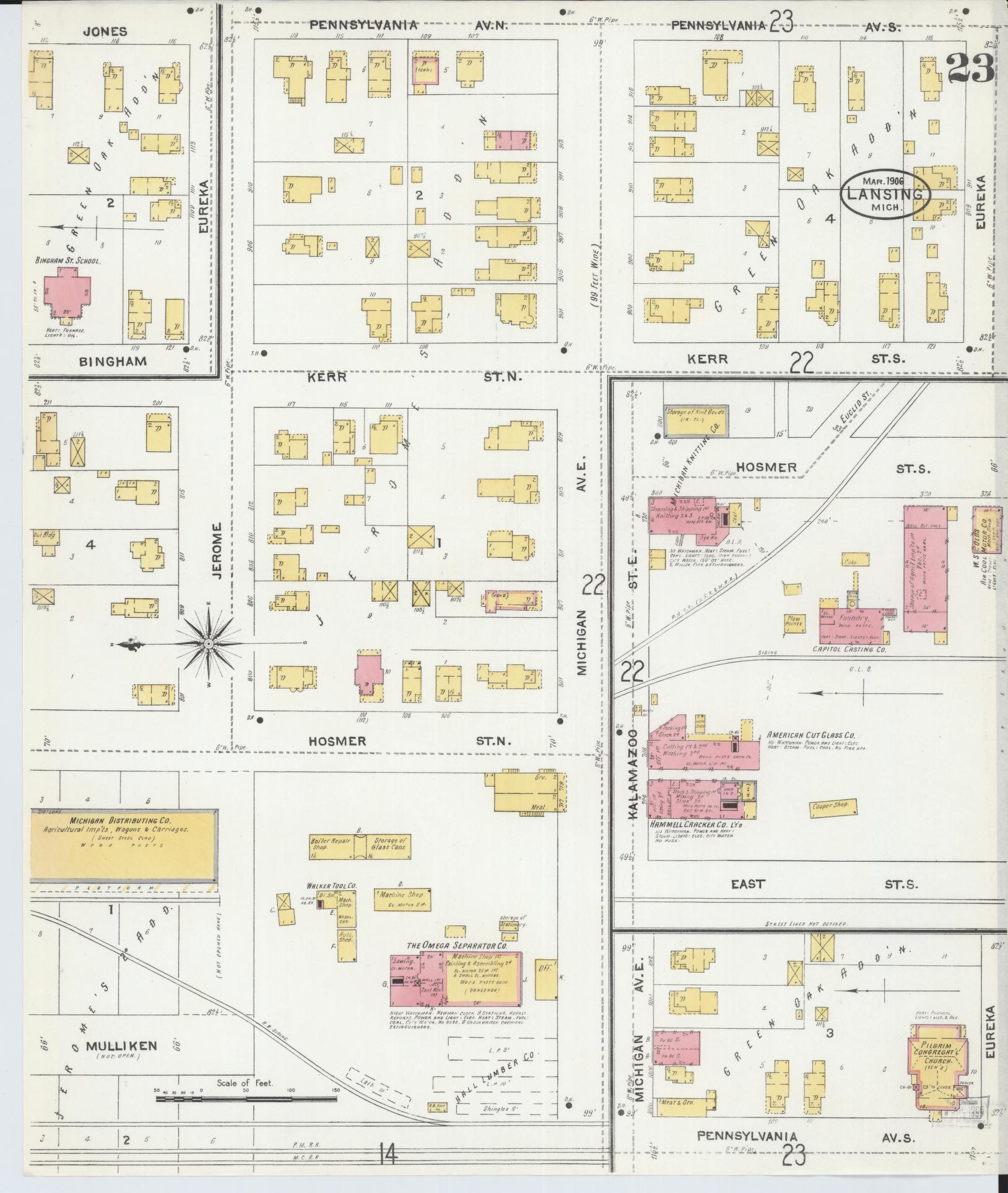 Sanborn Fire Insurance Map from Lansing, Ingham County, Michigan (1906), Sheet #0023 - Historic Sanborn Fire Insurance Map Print, vintage old map wall art, antique decor, genealogy gift, Michigan Michigan map