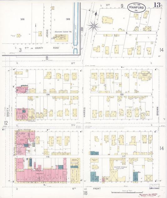 Sanborn Fire Insurance Map from Hanford, Kings County, California (1898), Sheet #0013 - Historic Sanborn Fire Insurance Map Print, vintage old map wall art, antique decor, genealogy gift, California California map