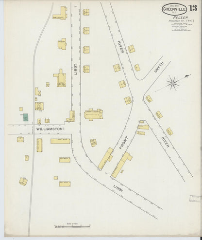 Sanborn Fire Insurance Map from Greenville, Greenville County, South Carolina (1893), Sheet #0013 - Complete Map Set gallery image, historic Sanborn map, vintage wall art, South Carolina South Carolina