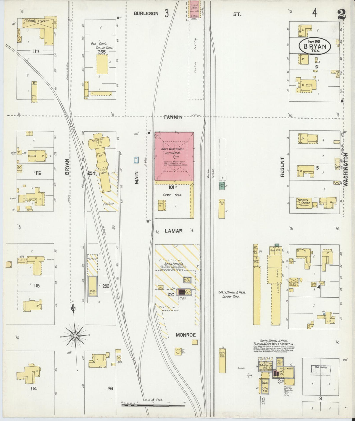 Sanborn Fire Insurance Map from Bryan, Brazos County, Texas (1901), Sheet #0002 - Complete Map Set gallery image, historic Sanborn map, vintage wall art, Texas Texas