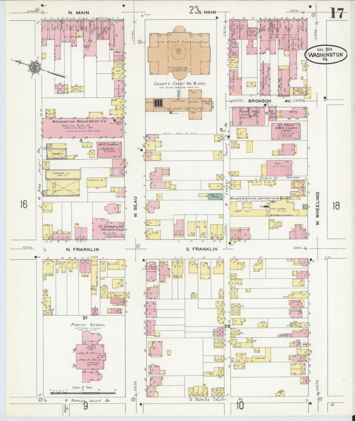 Sanborn Fire Insurance Map from Washington, Washington County, Pennsylvania (1909), Sheet #0017 - Historic Sanborn Fire Insurance Map Print, vintage old map wall art, antique decor, genealogy gift, Pennsylvania Pennsylvania map