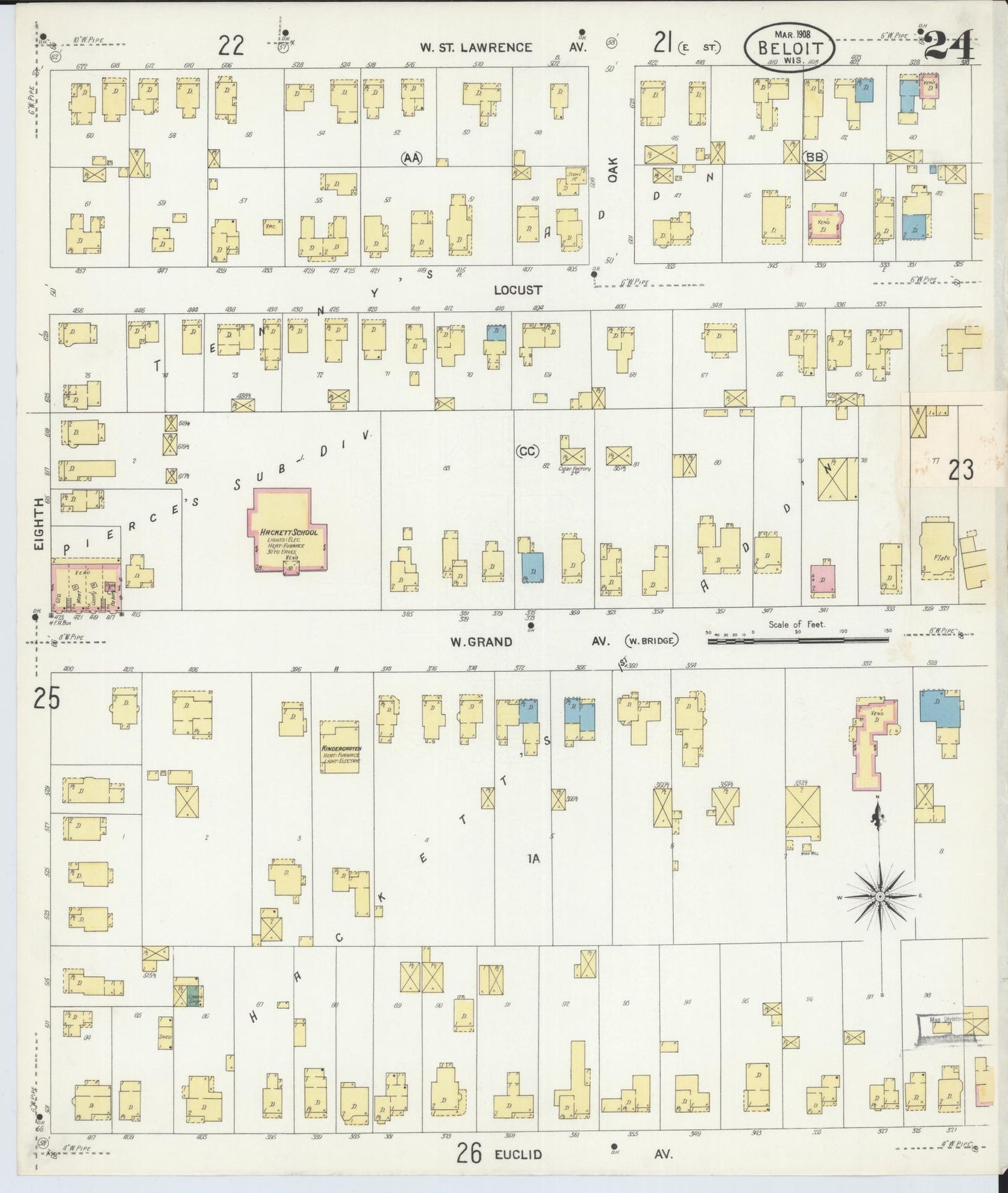 Sanborn Fire Insurance Map from Beloit, Rock County, Wisconsin (1908), Sheet #0024 - Complete Map Set gallery image, historic Sanborn map, vintage wall art, Wisconsin Wisconsin