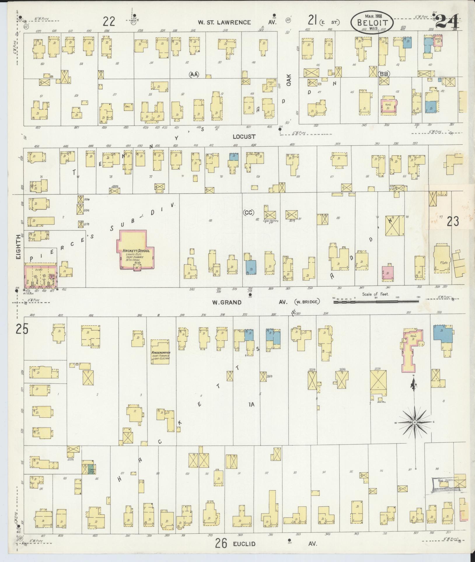 Sanborn Fire Insurance Map from Beloit, Rock County, Wisconsin (1908), Sheet #0024 - Complete Map Set gallery image, historic Sanborn map, vintage wall art, Wisconsin Wisconsin