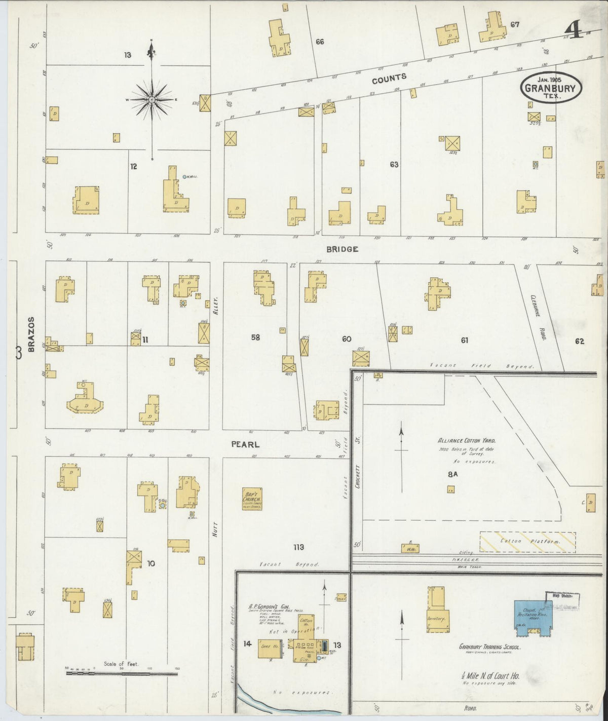 Sanborn Fire Insurance Map from Granbury, Hood County, Texas (1905), Sheet #0004 - Complete Map Set gallery image, historic Sanborn map, vintage wall art, Texas Texas