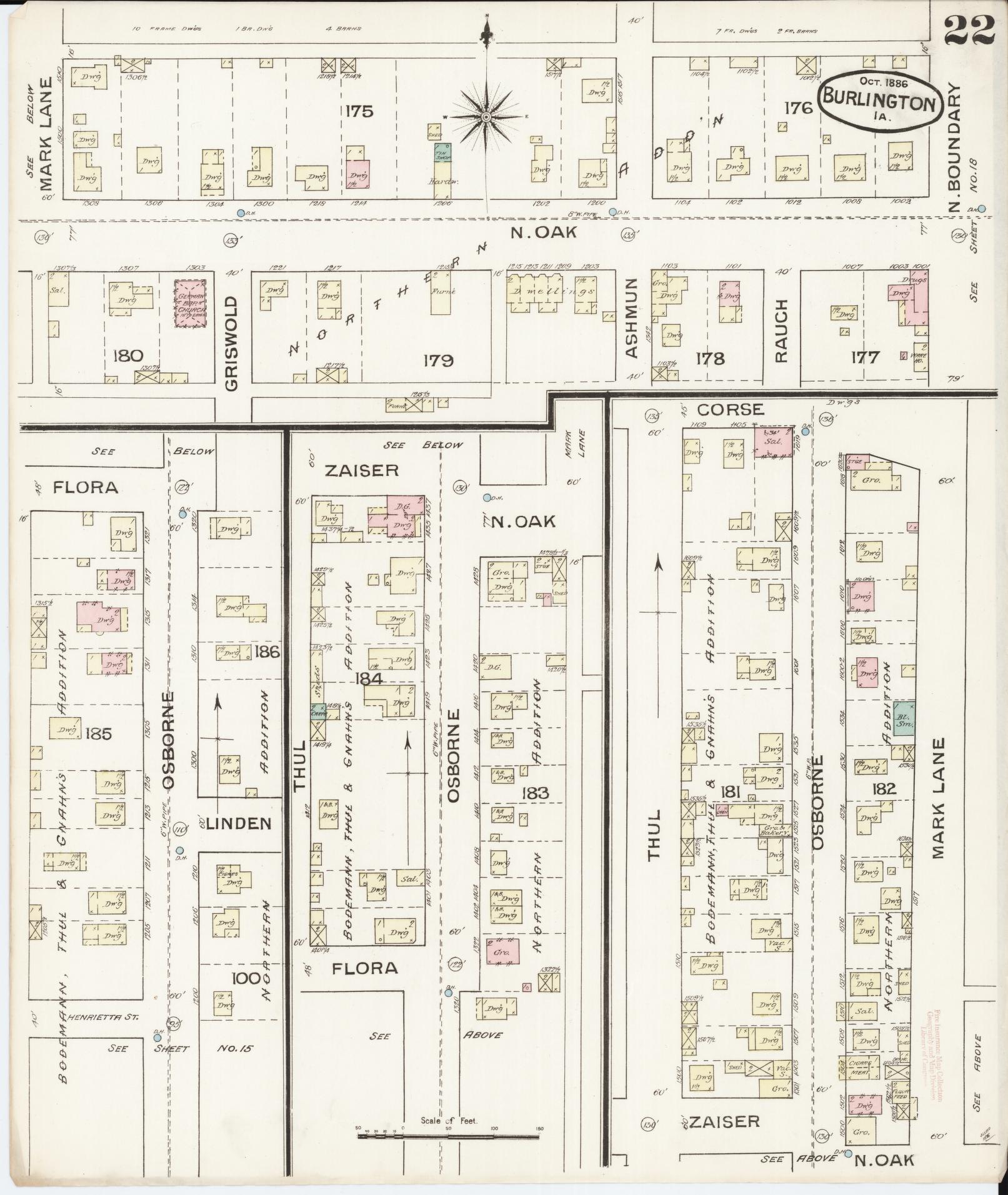 Sanborn Fire Insurance Map from Burlington, Des Moines County, Iowa (1888), Sheet #0022 - Historic Sanborn Fire Insurance Map Print, vintage old map wall art