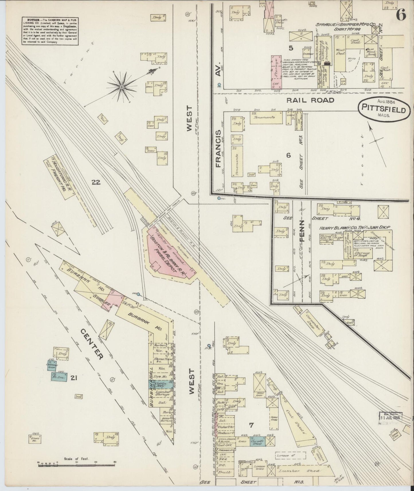 Sanborn Fire Insurance Map from Pittsfield, Berkshire County, Massachusetts (1884), Sheet #0006 - Complete Map Set gallery image, historic Sanborn map, vintage wall art, Massachusetts Massachusetts