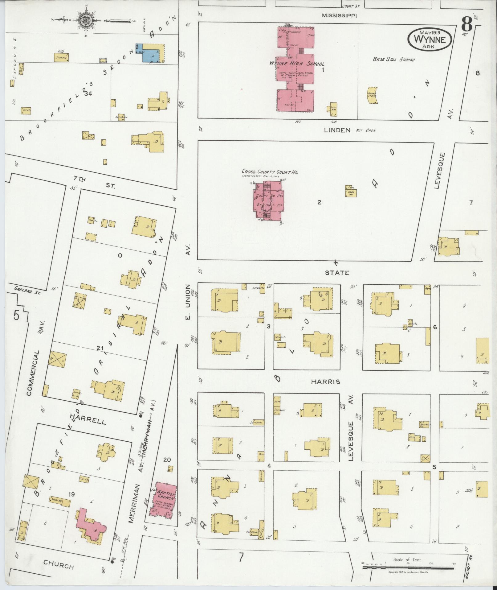 Sanborn Fire Insurance Map from Wynne, Cross County, Arkansas (1919), Sheet #0008 - Historic Sanborn Fire Insurance Map Print, vintage old map wall art, antique decor, genealogy gift, Arkansas Arkansas map