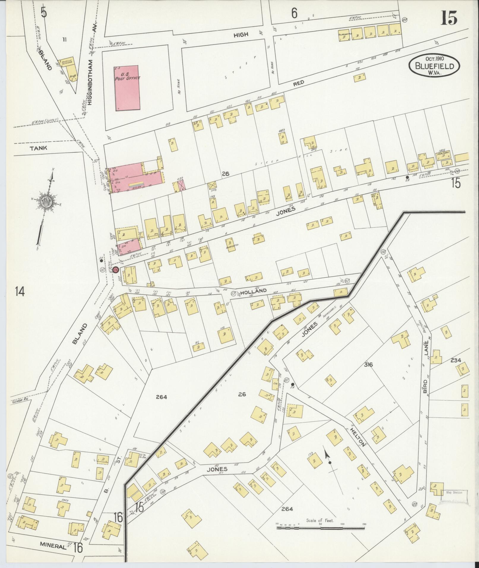 Sanborn Fire Insurance Map from Bluefield, Mercer County, West Virginia (1910), Sheet #0015 - Complete Map Set gallery image, historic Sanborn map, vintage wall art, West Virginia West Virginia