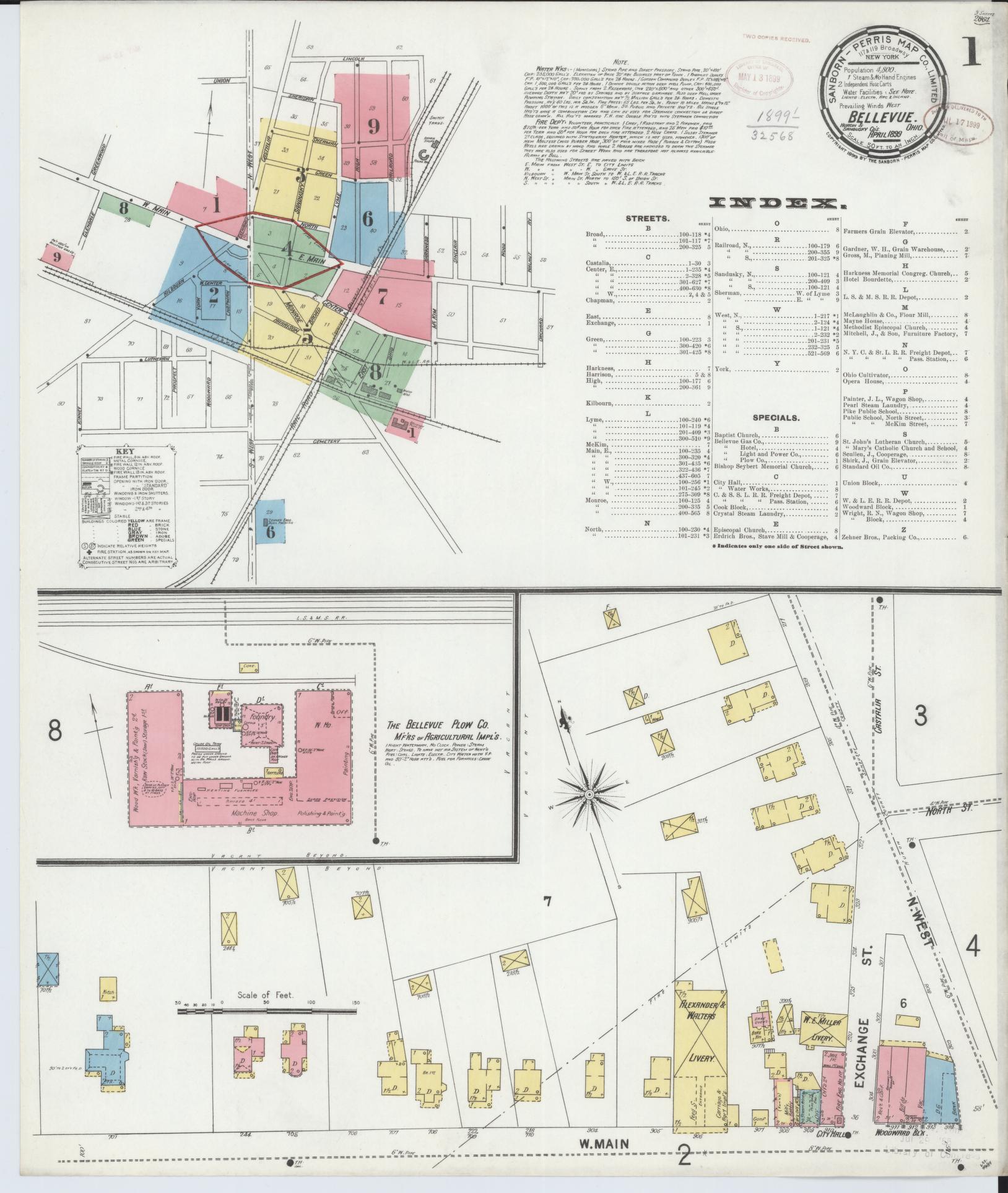 Sanborn Fire Insurance Map from Bellevue, Huron And Sandusky County, Ohio (1899), Sheet #0001 - Complete Map Set gallery image, historic Sanborn map, vintage wall art, Ohio Ohio