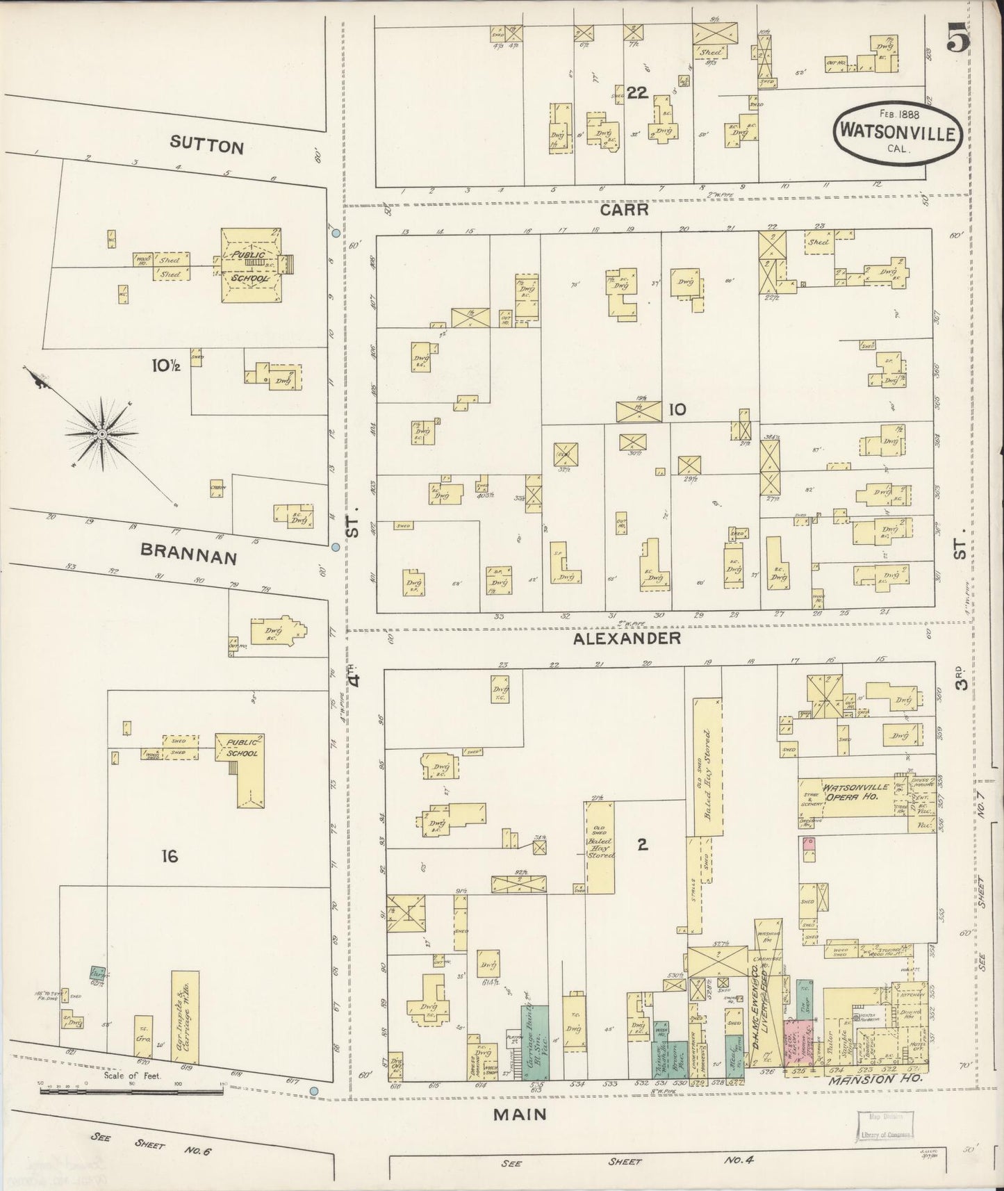 Sanborn Fire Insurance Map from Watsonville, Santa Cruz County, California (1888), Sheet #0005 - Complete Map Set gallery image, historic Sanborn map, vintage wall art, California California