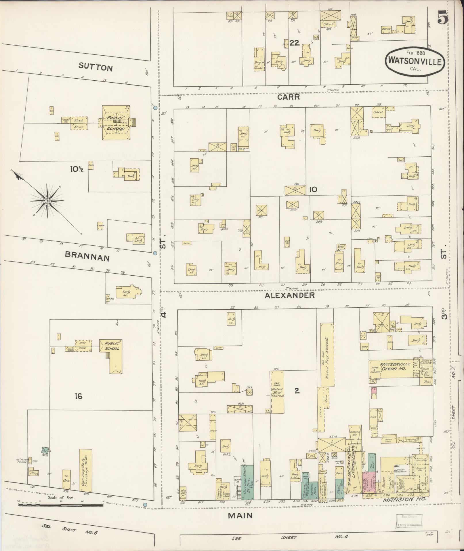 Sanborn Fire Insurance Map from Watsonville, Santa Cruz County, California (1888), Sheet #0005 - Complete Map Set gallery image, historic Sanborn map, vintage wall art, California California