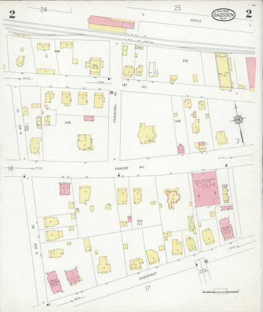 Sanborn Fire Insurance Map from Gadsden, Etowah County, Alabama (1930), Sheet #0002 - Historic Sanborn Fire Insurance Map Print, vintage old map wall art, antique decor, genealogy gift, Alabama Alabama map