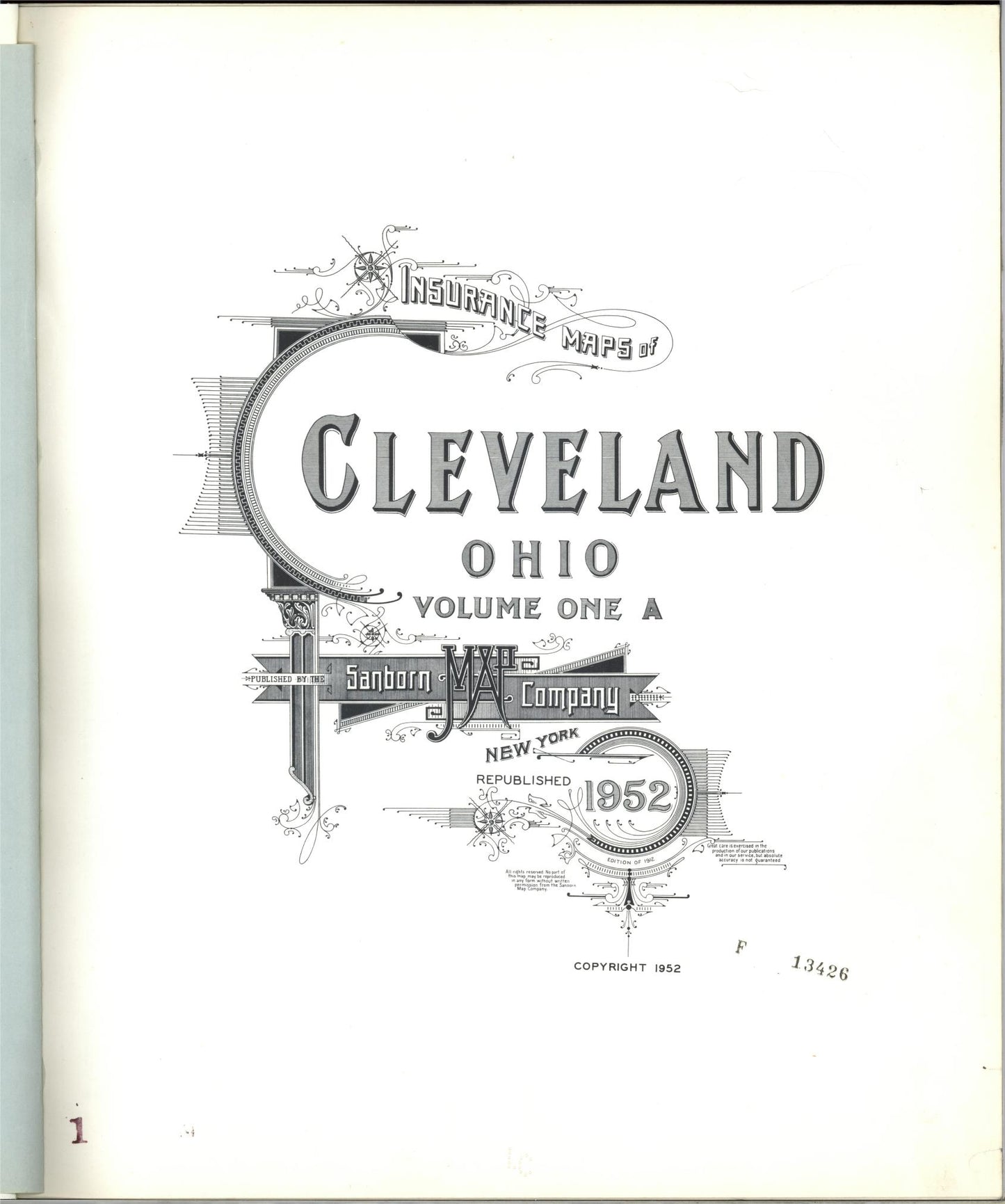 Sanborn Fire Insurance Map from Cleveland, Cuyahoga County, Ohio (1952), Sheet #0001 - Complete Map Set gallery image, historic Sanborn map, vintage wall art, Ohio Ohio
