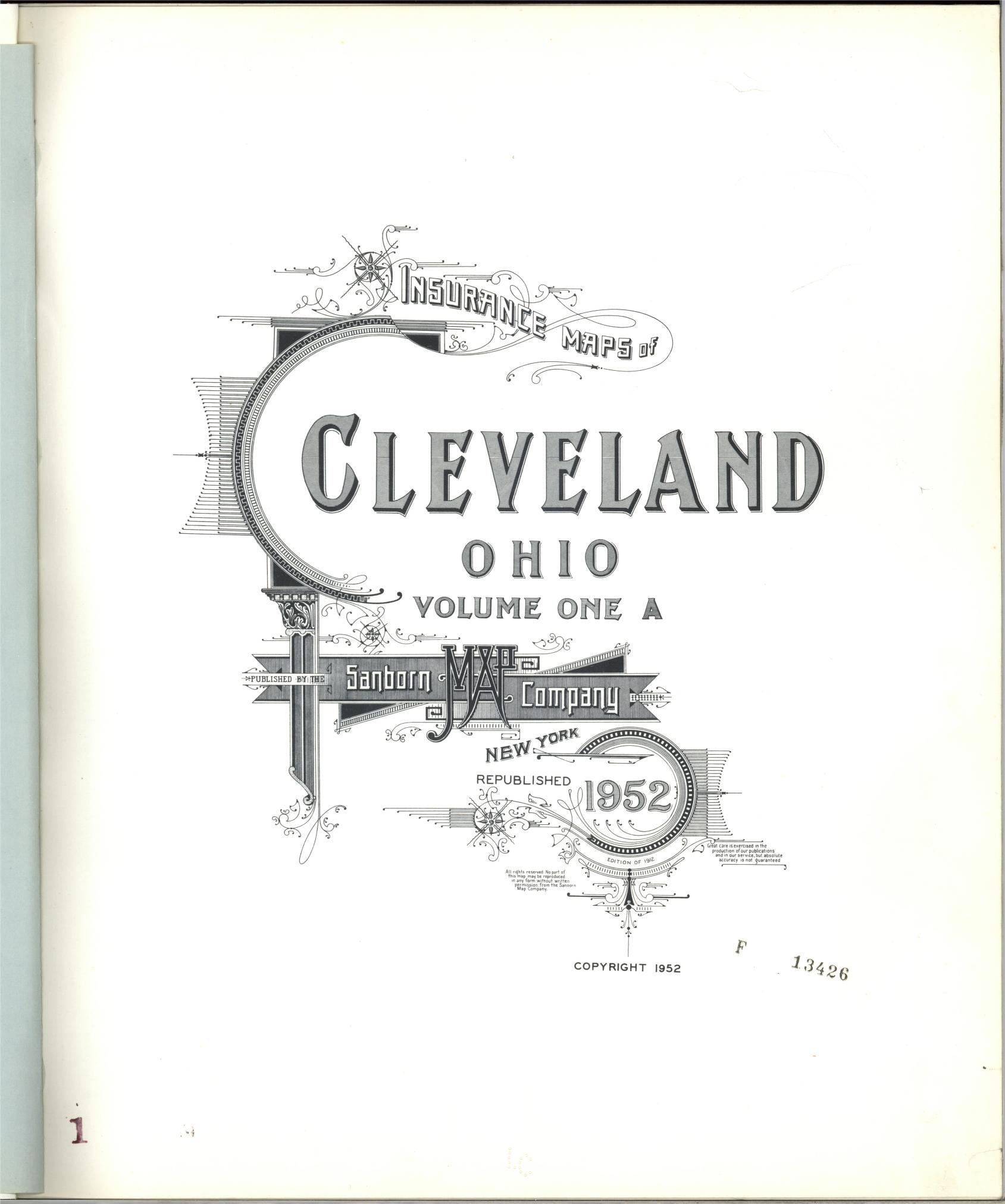 Sanborn Fire Insurance Map from Cleveland, Cuyahoga County, Ohio (1952), Sheet #0001 - Complete Map Set gallery image, historic Sanborn map, vintage wall art, Ohio Ohio