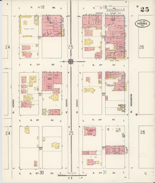 Sanborn Fire Insurance Map from Phoenix, Maricopa County, Arizona (1911), Sheet #0025 - Historic Sanborn Fire Insurance Map Print, vintage old map wall art, antique decor, genealogy gift, Arizona Arizona map