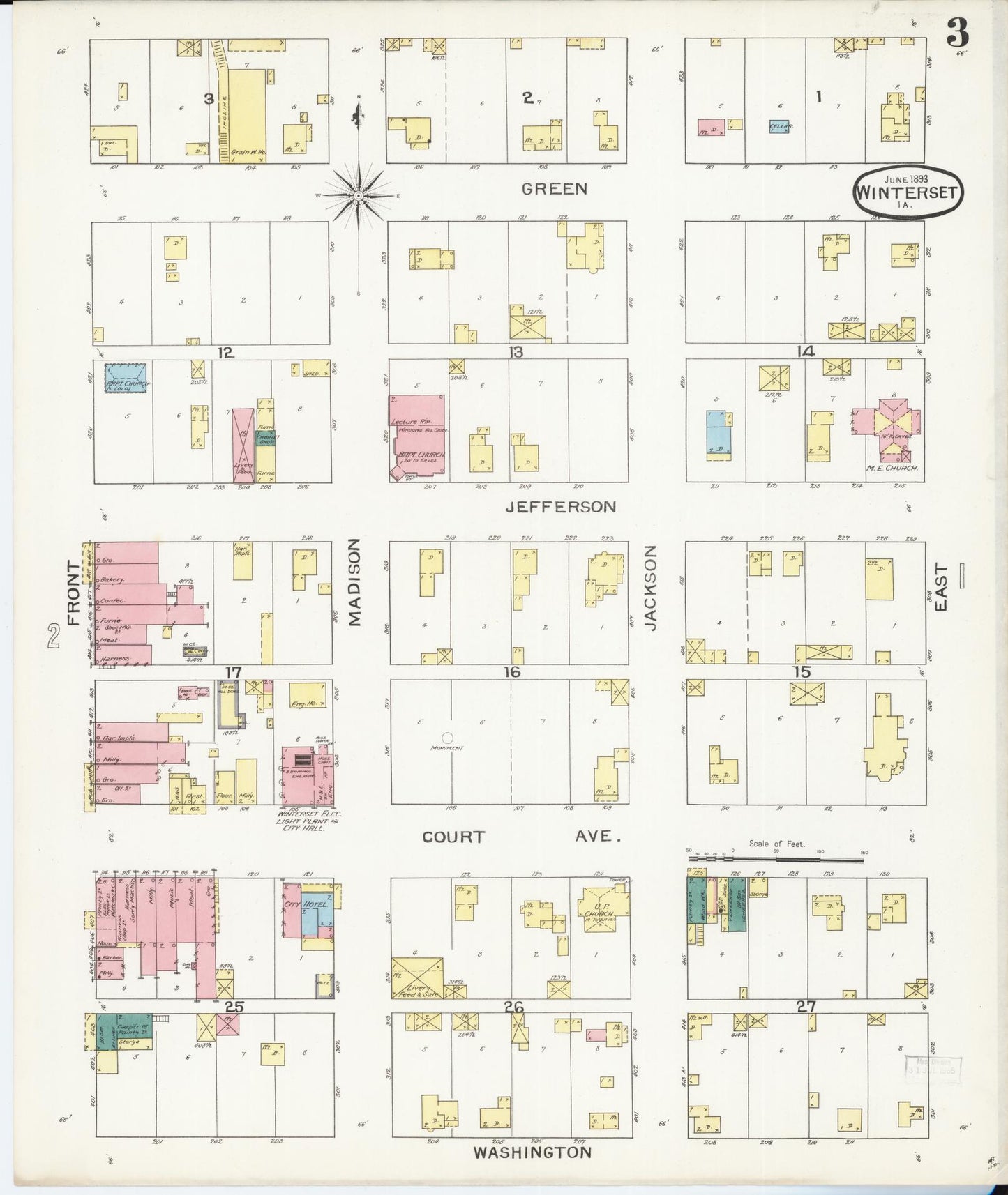 Sanborn Fire Insurance Map from Winterset, Madison County, Iowa (1893), Sheet #0003 - Historic Sanborn Fire Insurance Map Print, vintage old map wall art